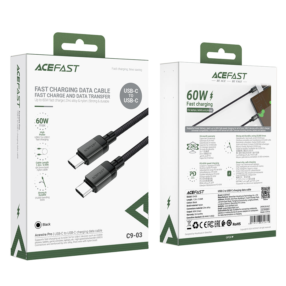 Cablu Acefast (C9-03), Type-C to Type-C, Fast Charging, 60W, 1.2m, Negru