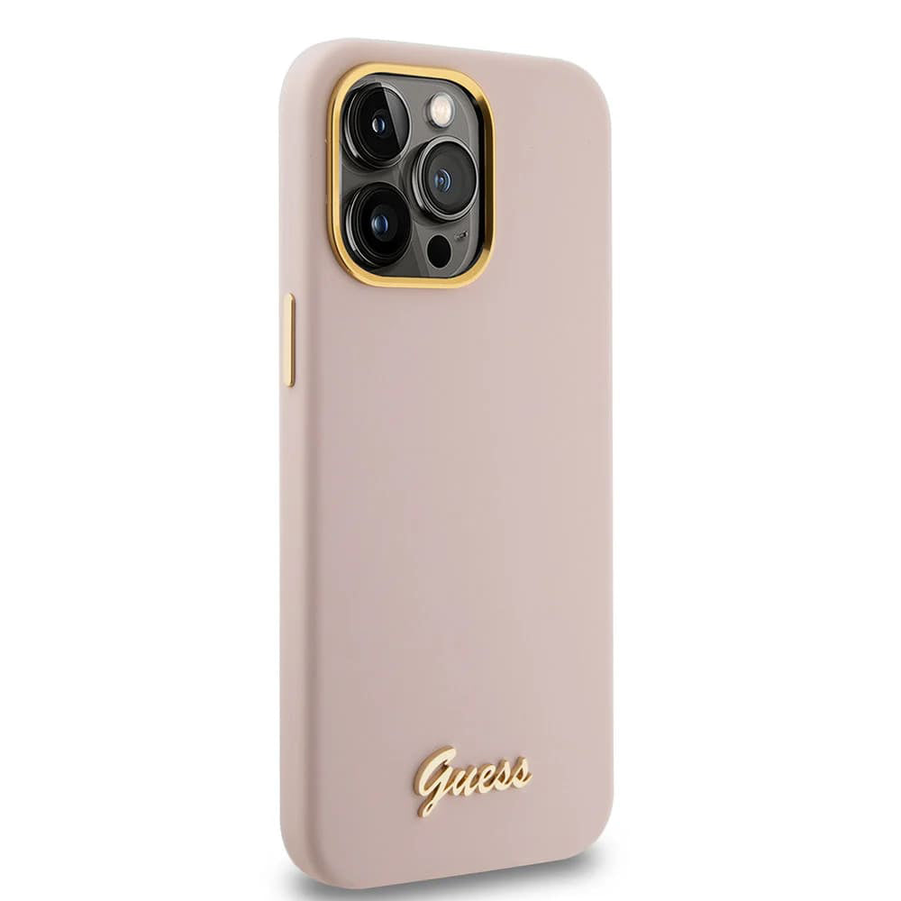 Husa de protectie Guess Silicone Script Metal Logo & Frame (GUHCP15XSMBSLP) compatibil cu iPhone 15 Pro Max, Roz Deschis