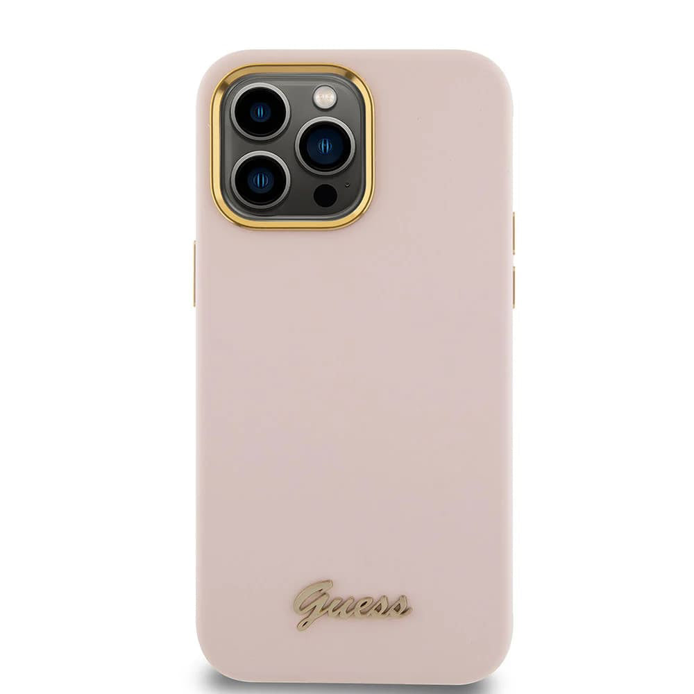 Husa de protectie Guess Silicone Script Metal Logo & Frame (GUHCP15XSMBSLP) compatibil cu iPhone 15 Pro Max, Roz Deschis