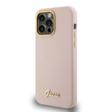 Husa de protectie Guess Silicone Script Metal Logo & Frame (GUHCP15XSMBSLP) compatibil cu iPhone 15 Pro Max, Roz Deschis