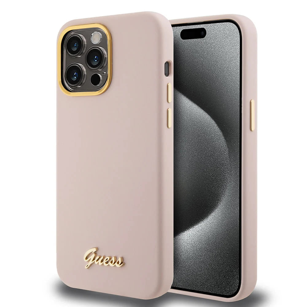Husa de protectie Guess Silicone Script Metal Logo & Frame (GUHCP15XSMBSLP) compatibil cu iPhone 15 Pro Max, Roz Deschis