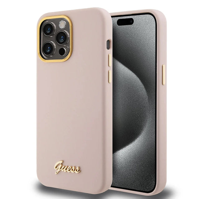 Husa de protectie Guess Silicone Script Metal Logo & Frame (GUHCP15XSMBSLP) compatibil cu iPhone 15 Pro Max, Roz Deschis