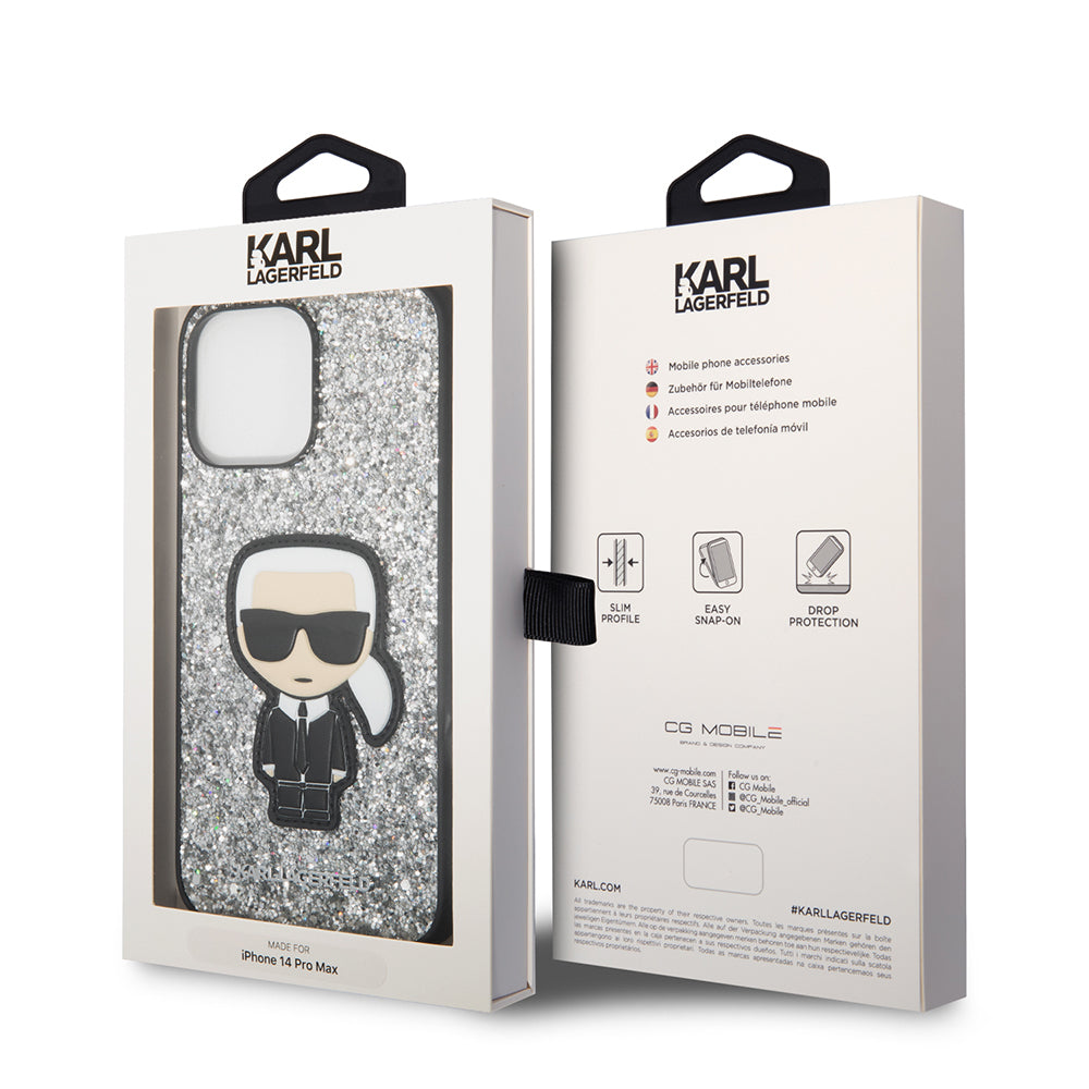 Husa de protectie Karl Lagerfeld Hardcase Glitter (KLHCP14XGFKPG) compatibil cu iPhone 14 Pro Max, Argintiu Flakes Ikonik