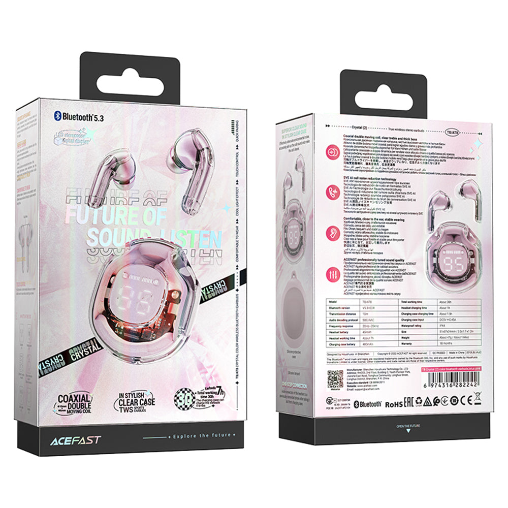 Casti Acefast (T8), USB-C, IPX4, Bluetooth 5.3, AI Call Noise Reduction, Digital Display, 480mAh, Lotus Pink