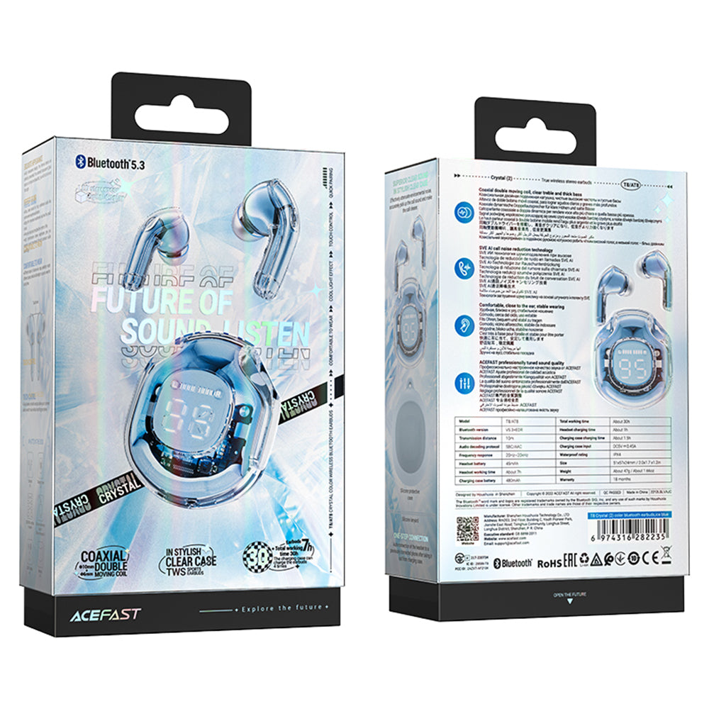 Casti Acefast (T8), USB-C, IPX4, Bluetooth 5.3, AI Call Noise Reduction, Digital Display, 480mAh, Albastru Gheata