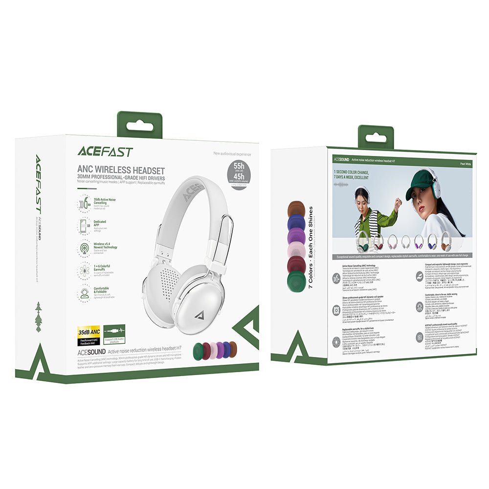 Casti Acefast Wireless Headset (H7), Type-C, Bluetooth 5.4, Active Noise Reduction, IP54, 500mAh, Hi-Fi Sound, Alb Perlat