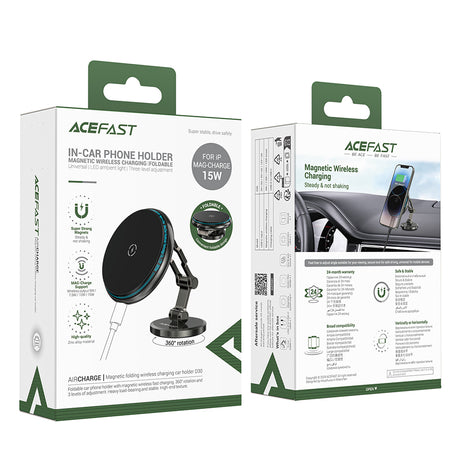 Suport Acefast with Wireless Charging (D30), for iPhone, Magnetic Grip, 360°, LED Light, for Dashboard, 15W, Negru