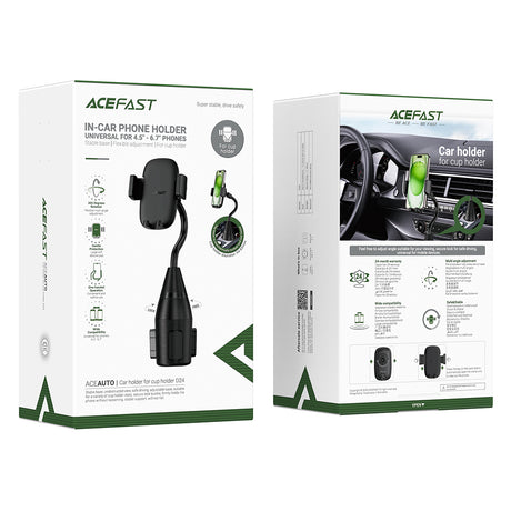 Suport Acefast (D24), for Cup Holder, 360° Rotation, Multi-angle Adjustment, Safety Lock, for Phone 4.5-6.7", Negru