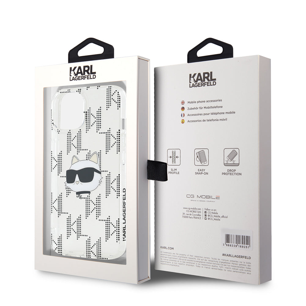 Husa de protectie Karl Lagerfeld IML Luxury (KLHCP15SHKLPCHT) compatibil cu iPhone 15, Transparent Choupette Head&Monogram