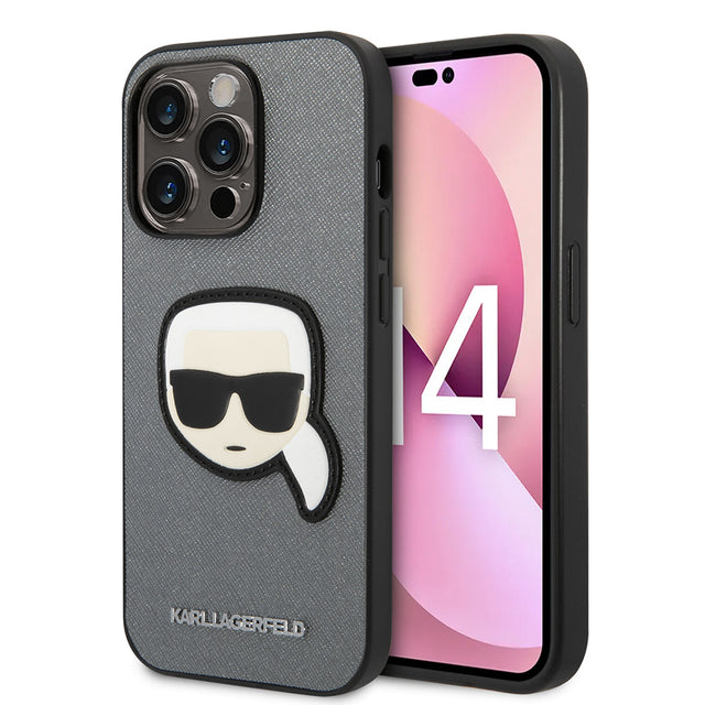 Husa de protectie Karl Lagerfeld Saffiano (KLHCP14XSAPKHG) compatibil cu iPhone 14 Pro Max, Argintiu Karl`S Head