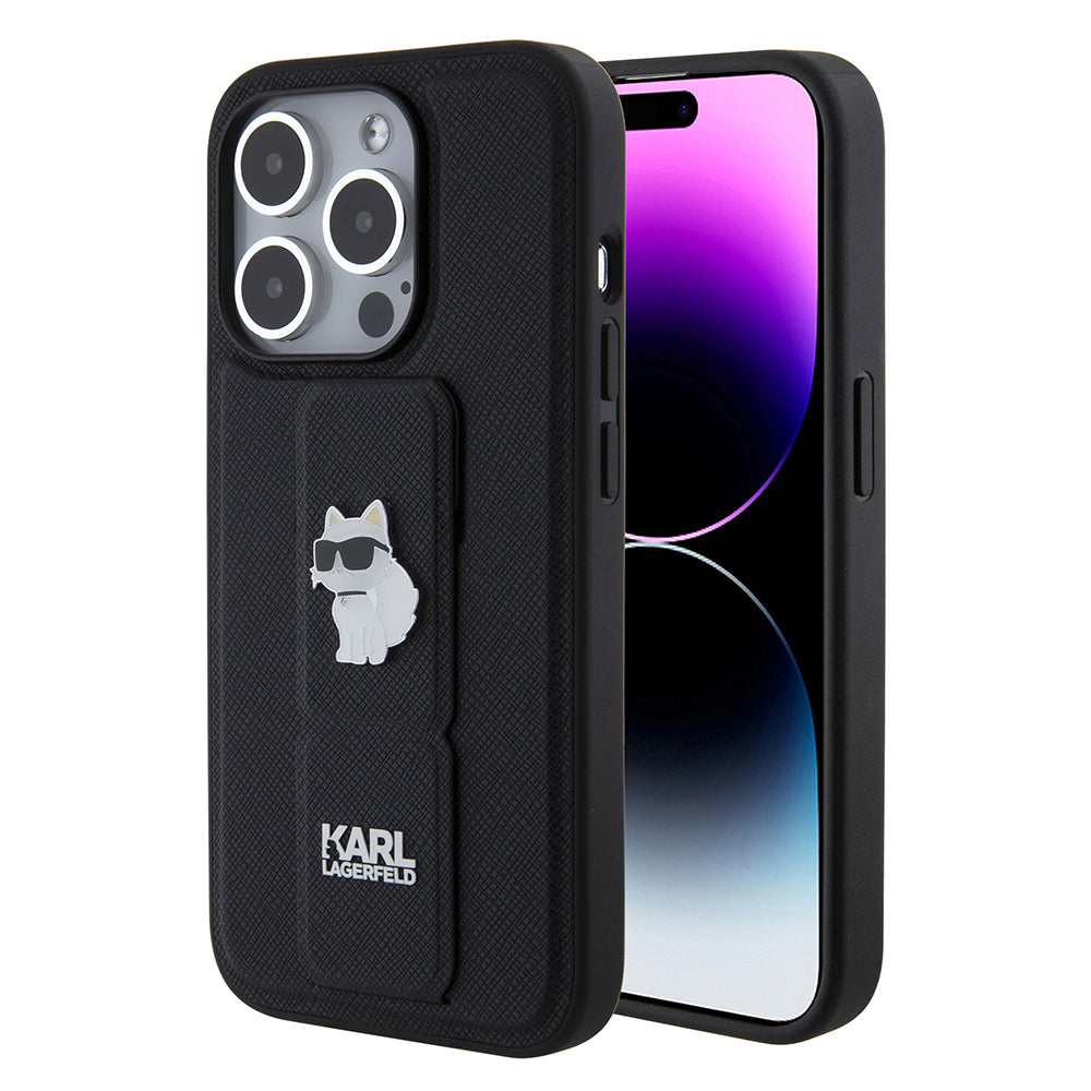 Husa de protectie Karl Lagerfeld Saffiano Gripstand (KLHCP15LGSACHPK) compatibil cu iPhone 15 Pro, Choupette Pins