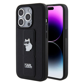 Husa de protectie Karl Lagerfeld Saffiano Gripstand (KLHCP15LGSACHPK) compatibil cu iPhone 15 Pro, Choupette Pins