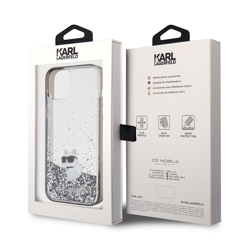 Husa de protectie Karl Lagerfeld Hardcase Liquid Glitter (KLHCP15MLKCNSK) compatibil cu iPhone 15 Plus, Transparent Choupette