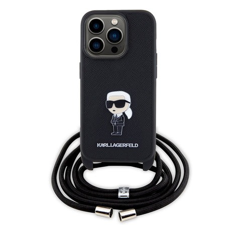 Husa de protectie Karl Lagerfeld Saffiano Crossbody (KLHCP15LSASKNPSK) compatibil cu iPhone 15 Pro, Monogram Metal Pin Karl