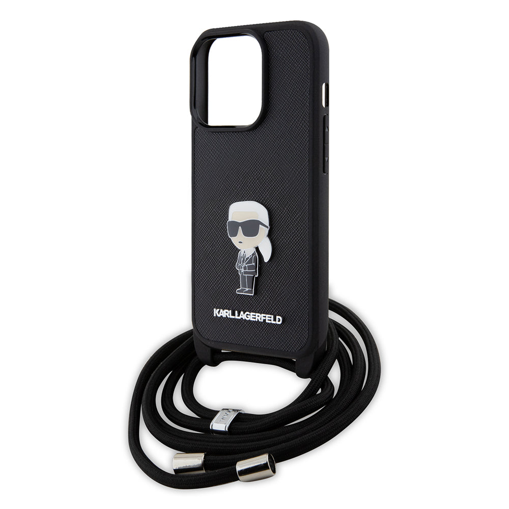 Husa de protectie Karl Lagerfeld Saffiano Crossbody (KLHCP15LSASKNPSK) compatibil cu iPhone 15 Pro, Monogram Metal Pin Karl