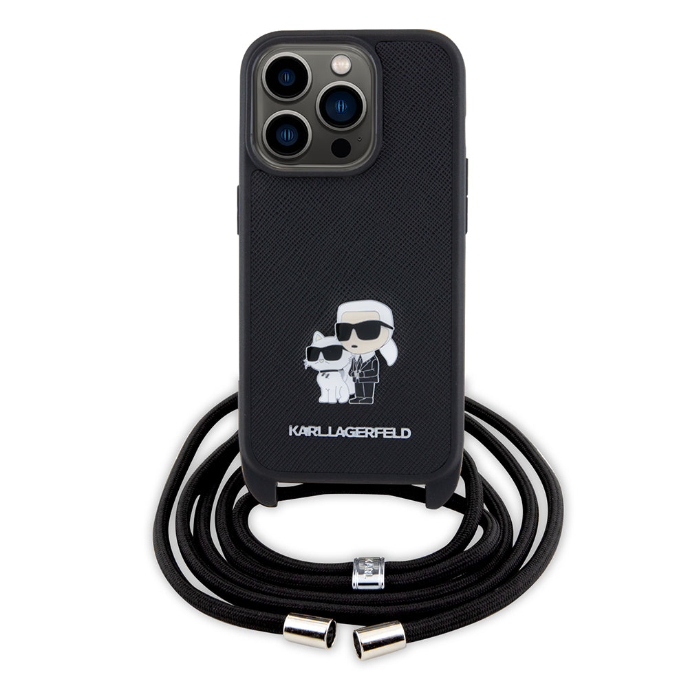 Husa de protectie Karl Lagerfeld Saffiano Crossbody (KLHCP15LSAKCPSK) compatibil cu iPhone 15 Pro, Metal Pin Karl&Choupette