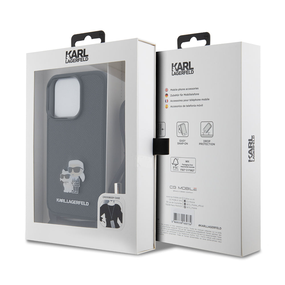 Husa de protectie Karl Lagerfeld Saffiano Crossbody (KLHCP15LSAKCPSK) compatibil cu iPhone 15 Pro, Metal Pin Karl&Choupette