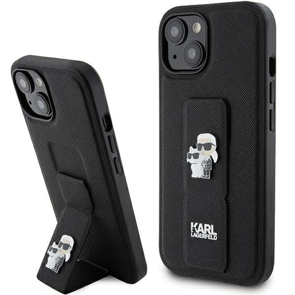 Husa de protectie Karl Lagerfeld Saffiano Gripstand (KLHCP15MGSAKCPK) compatibil cu iPhone 15 Plus, Karl&Choupette Pins