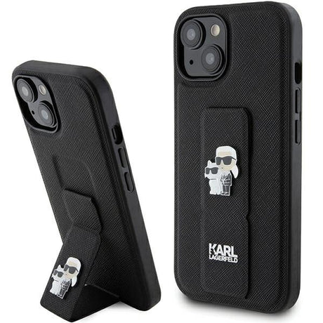 Husa de protectie Karl Lagerfeld Saffiano Gripstand (KLHCP15MGSAKCPK) compatibil cu iPhone 15 Plus, Karl&Choupette Pins