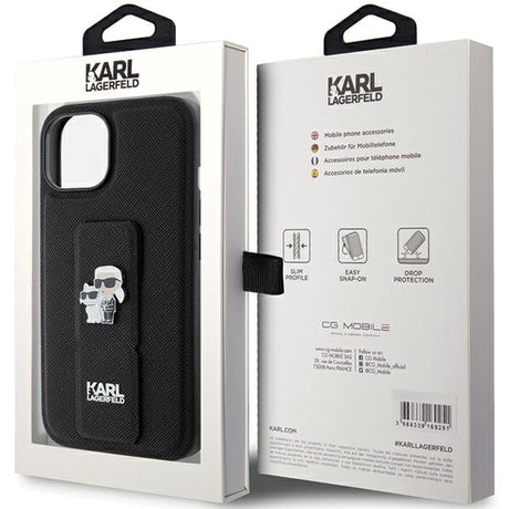 Husa de protectie Karl Lagerfeld Saffiano Gripstand (KLHCP15MGSAKCPK) compatibil cu iPhone 15 Plus, Karl&Choupette Pins