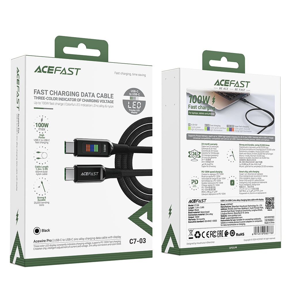 Cablu Acefast (C7-03), Type-C to Type-C, 100W Fast Charging, 5A, LED Display, 1.2m, Negru