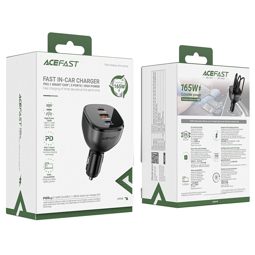 Incarcator Acefast Car (B14), 2x USB-C, USB, 165W, Fast Charging, Intelligent Temperature Control, Negru