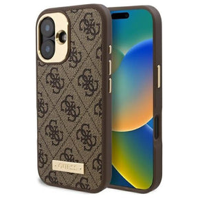 Husa de protectie Guess Hardcase 4G Logo Plate MagSafe (GUHMP16SU4GPRW) compatibil cu iPhone 16, Maro