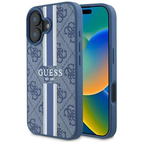 Husa de protectie Guess Hardcase 4G Printed Stripes MagSafe (GUHMP16SP4RPSB) compatibil cu iPhone 16, Albastru