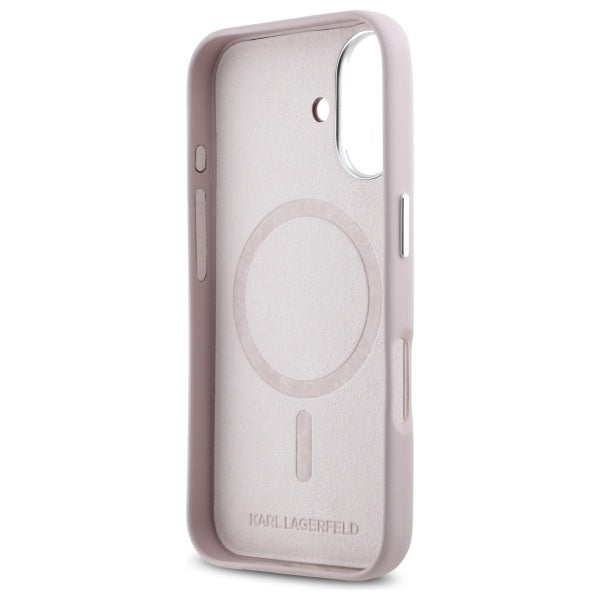 Husa de protectie Karl Lagerfeld Leather MagSafe (KLHMP16SPGMSRPP) compatibil cu iPhone 16, Roz Fw Metal Plate