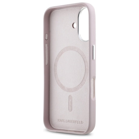Husa de protectie Karl Lagerfeld Leather MagSafe (KLHMP16SPGMSRPP) compatibil cu iPhone 16, Roz Fw Metal Plate