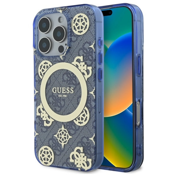 Husa de protectie Guess IML Peony On 4G Background MagSafe (GUHMP16LH4PYEEB) compatibil cu iPhone 16 Pro, Albastru