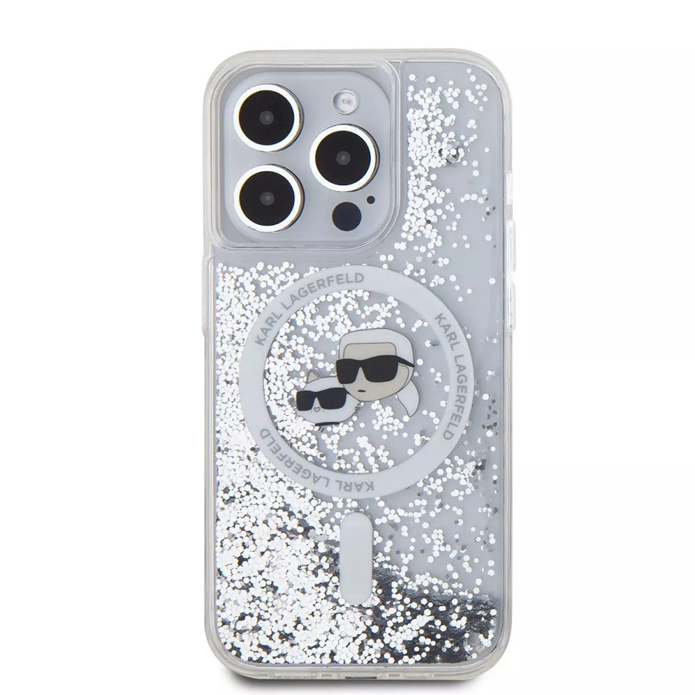 Husa de protectie Karl Lagerfeld Liquid Glitter MagSafe (KLHMP15LLGKCSGH) compatibil cu iPhone 15 Pro, Transparent Karl&Choupette Head