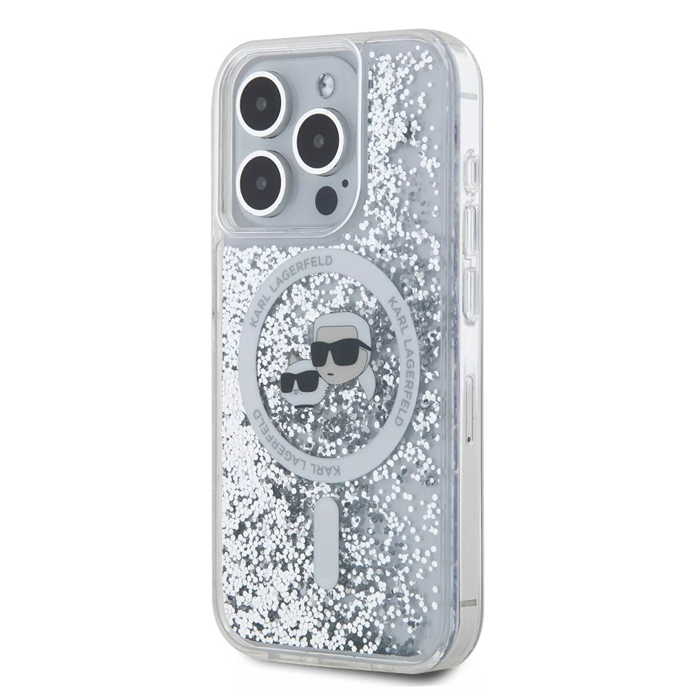 Husa de protectie Karl Lagerfeld Liquid Glitter MagSafe (KLHMP15LLGKCSGH) compatibil cu iPhone 15 Pro, Transparent Karl&Choupette Head
