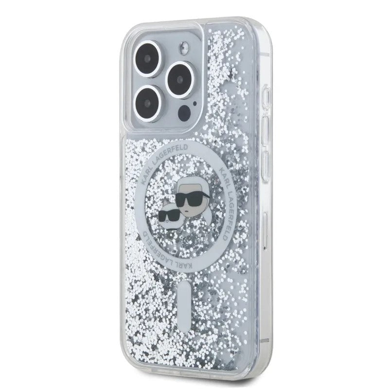 Husa de protectie Karl Lagerfeld Liquid Glitter MagSafe (KLHMP15XLGKCSGH) compatibil cu iPhone 15 Pro Max, Transparent Karl&Choupette Head