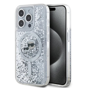 Husa de protectie Karl Lagerfeld Liquid Glitter MagSafe (KLHMP15XLGKCSGH) compatibil cu iPhone 15 Pro Max, Transparent Karl&Choupette Head