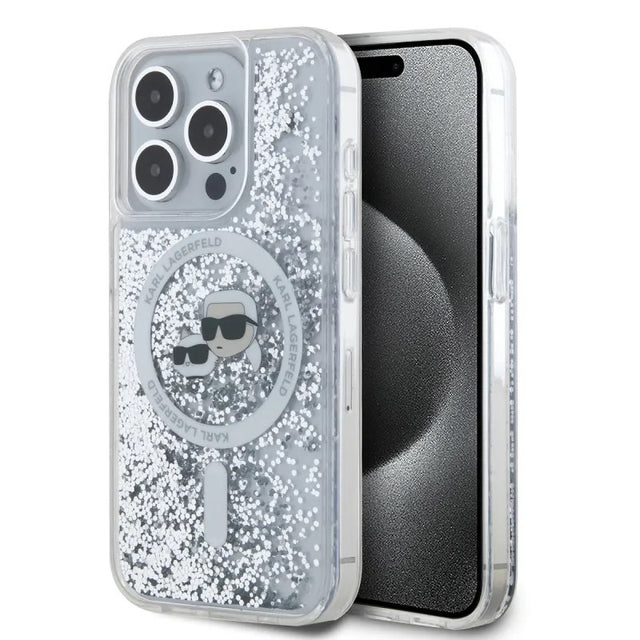 Husa de protectie Karl Lagerfeld Liquid Glitter MagSafe (KLHMP15XLGKCSGH) compatibil cu iPhone 15 Pro Max, Transparent Karl&Choupette Head
