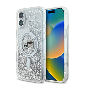 Husa de protectie Karl Lagerfeld Glitter Liquid MagSafe (KLHMP16SLGKCSGH) compatibil cu iPhone 16, Transparent Karl&Choupette Head