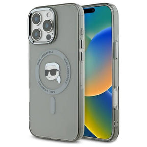 Husa de protectie Karl Lagerfeld IML MagSafe (KLHMP16LHLSKIK) compatibil cu iPhone 16 Pro, Metal Karl`s Head