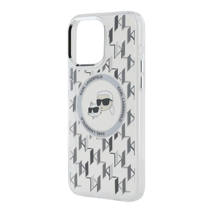 Husa de protectie Karl Lagerfeld IML MagSafe (KLHMP15SHMCKMHT) compatibil cu iPhone 15, Transparent Monogram Karl&Choupette Head