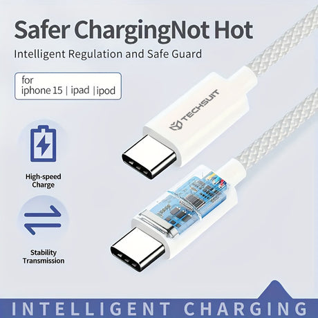 Cablu Techsuit (PCB114D), for Apple, Android, Type-C, Super Fast Charging, PD60W, Flexible, Durable, 1m, Albastru