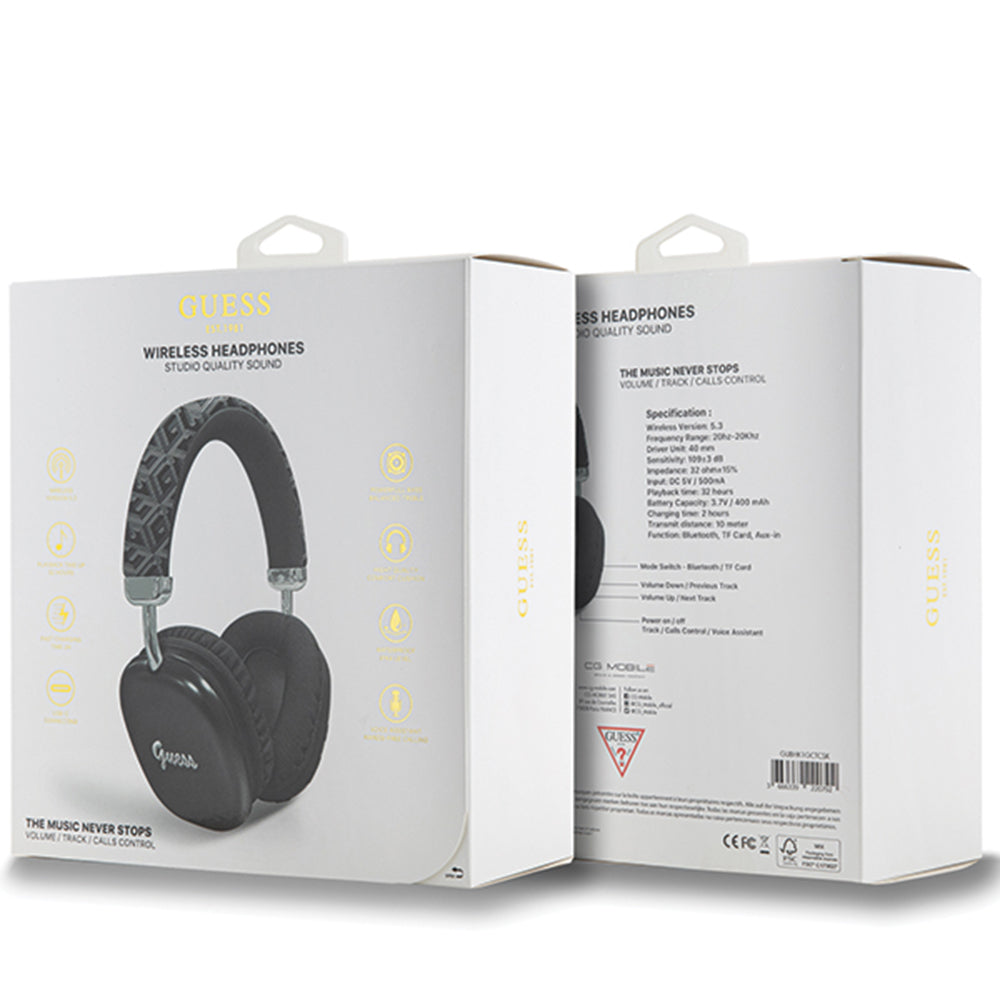 Casti Guess Wireless GCUBE Metallic Script Logo (GUBHK1GCTCSK), Over-ear Headset, Bluetooth 5.3, 400mAh, Negru
