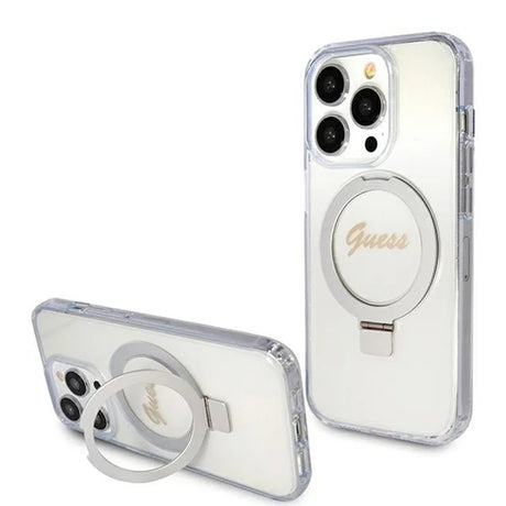 Husa de protectie Guess Ring Stand Script Glitter MagSafe (GUHMP15LHRSGSD) compatibil cu iPhone 15 Pro, Transparent
