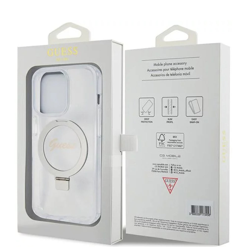 Husa de protectie Guess Ring Stand Script Glitter MagSafe (GUHMP15LHRSGSD) compatibil cu iPhone 15 Pro, Transparent