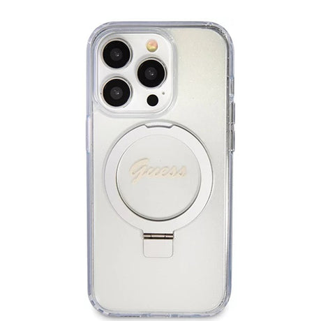 Husa de protectie Guess Ring Stand Script Glitter MagSafe (GUHMP15LHRSGSD) compatibil cu iPhone 15 Pro, Transparent