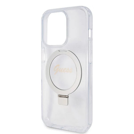 Husa de protectie Guess Ring Stand Script Glitter MagSafe (GUHMP15LHRSGSD) compatibil cu iPhone 15 Pro, Transparent
