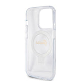Husa de protectie Guess Ring Stand Script Glitter MagSafe (GUHMP15LHRSGSD) compatibil cu iPhone 15 Pro, Transparent