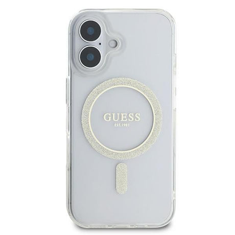 Husa de protectie Guess IML Glitter Circle MagSafe (GUHMP16SHFGERET) compatibil cu iPhone 16, Transparent