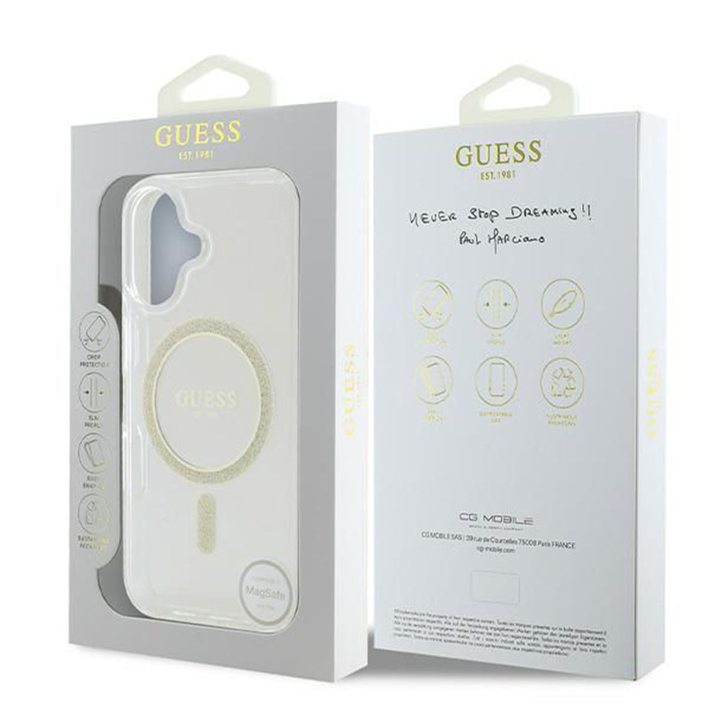 Husa de protectie Guess IML Glitter Circle MagSafe (GUHMP16SHFGERET) compatibil cu iPhone 16, Transparent