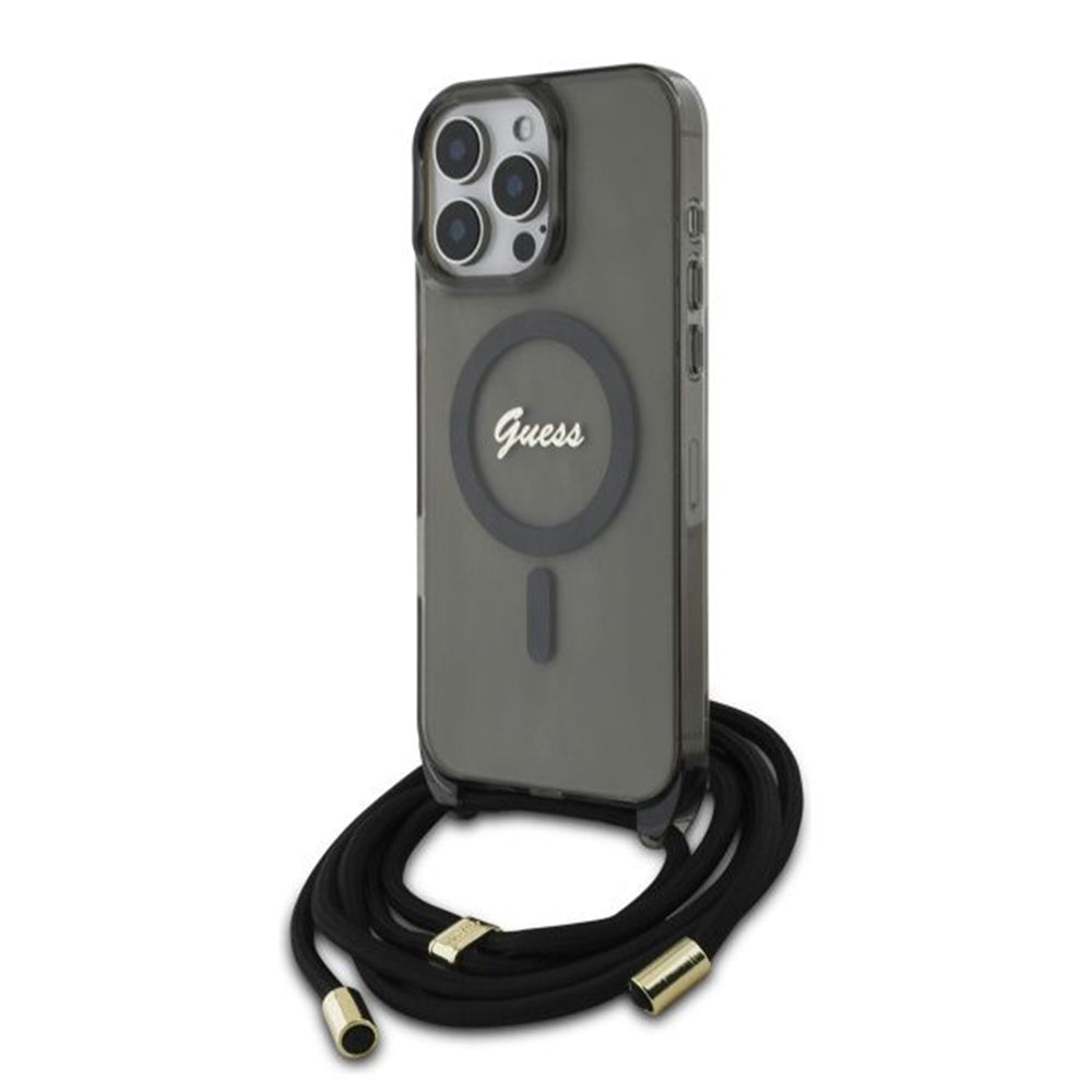 Husa de protectie Guess IML Crossbody Cord Script MagSafe (GUHMP16LHCTSGNSK) compatibil cu iPhone 16 Pro, Negru