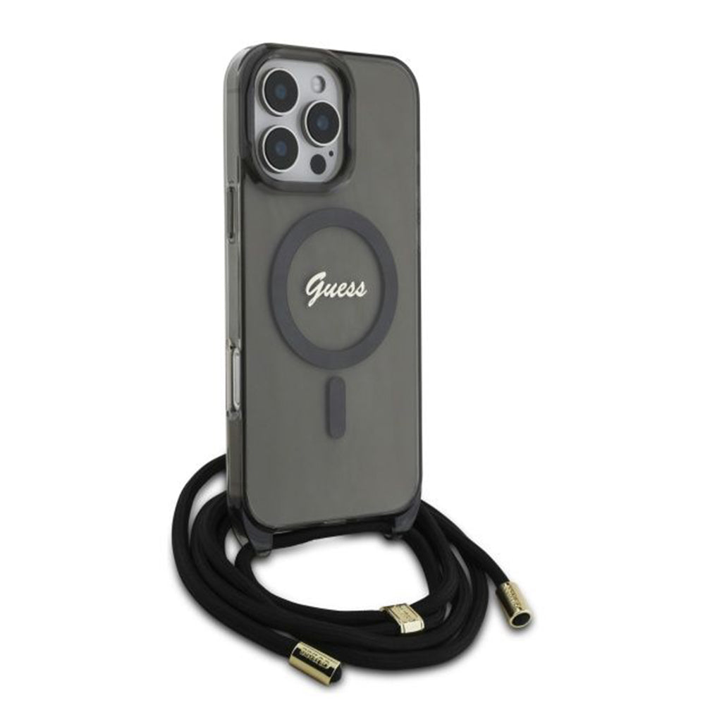 Husa de protectie Guess IML Crossbody Cord Script MagSafe (GUHMP16LHCTSGNSK) compatibil cu iPhone 16 Pro, Negru